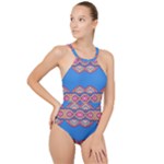 Shapes chains on a blue background                                             High Neck One Piece Swimsuit