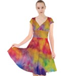Colorful watercolors texture                                                      Cap Sleeve Front Wrap Midi Dress