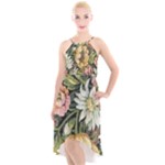 Vintage Floral Abstract High-Low Halter Chiffon Dress 