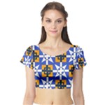 Shapes on a blue background                                                           Short Sleeve Crop Top