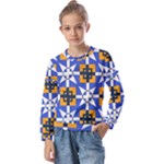 Shapes on a blue background                            Kids  Long Sleeve Tee with Frill
