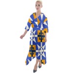 Shapes on a blue background                                         Quarter Sleeve Wrap Front Maxi Dress