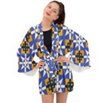 Shapes on a blue background                                                        Long Sleeve Kimono