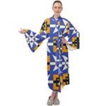 Shapes on a blue background                                                        Maxi Tie Front Velour Kimono