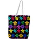 Colorful flowers on a black background pattern                                                        Full Print Rope Handle Tote (Large)