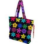 Colorful flowers on a black background pattern                                                          Drawstring Tote Bag