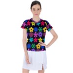 Colorful flowers on a black background pattern                                                          Women s Mesh Sports Top