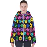 Colorful flowers on a black background pattern                                                           Women s Hooded Puffer Jacket