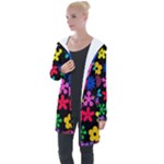 Colorful flowers on a black background pattern                                                           Longline Hooded Cardigan