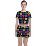 Colorful flowers on a black background pattern                                                           Crop Top and Shorts Co-Ord Set