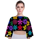 Colorful flowers on a black background pattern                                                          Tie Back Butterfly Sleeve Chiffon Top