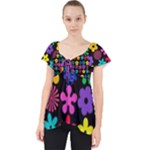 Colorful flowers on a black background pattern                                                          Lace Front Dolly Top
