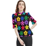 Colorful flowers on a black background pattern                                                           Frill Neck Blouse