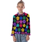Colorful flowers on a black background pattern                               Kids  Frill Detail Tee