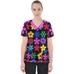 Colorful flowers on a black background pattern                                                             Women s V-Neck Scrub Top