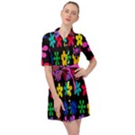Colorful flowers on a black background pattern                                                               Belted Shirt Dress