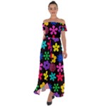 Colorful flowers on a black background pattern                                                            Off Shoulder Open Front Chiffon Dress