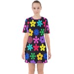 Colorful flowers on a black background pattern                                                               Sixties Short Sleeve Mini Dress