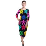 Colorful flowers on a black background pattern                                                              Quarter Sleeve Midi Velour Bodycon Dress