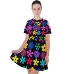 Colorful flowers on a black background pattern                                                           Short Sleeve Shoulder Cut Out Dress