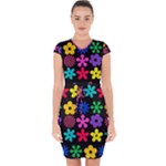 Colorful flowers on a black background pattern                                                           Capsleeve Drawstring Dress