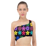 Colorful flowers on a black background pattern                                                           Spliced Up Bikini Top