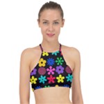Colorful flowers on a black background pattern                                                           Racer Front Bikini Top