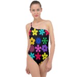 Colorful flowers on a black background pattern                                                           Classic One Shoulder Swimsuit