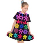 Colorful flowers on a black background pattern                                                         Kids  Short Sleeve Shirt Dress
