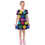 Colorful flowers on a black background pattern                                                                Kids  Short Sleeve Velvet Dress