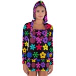 Colorful flowers on a black background pattern                                                            Women s Long Sleeve Hooded T-shirt