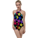Colorful flowers on a black background pattern                                                          Go with the Flow One Piece Swimsuit