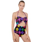 Colorful flowers on a black background pattern                                                           Scallop Top Cut Out Swimsuit