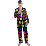 Colorful flowers on a black background pattern                                                            Men s Satin Pajamas Long Pants Set