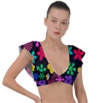 Colorful flowers on a black background pattern                                                            Plunge Frill Sleeve Bikini Top