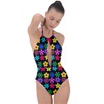 Colorful flowers on a black background pattern                                                            Plunge Cut Halter Swimsuit