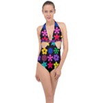 Colorful flowers on a black background pattern                                                            Halter Front Plunge Swimsuit