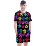 Colorful flowers on a black background pattern                                                          Men s Mesh Tee and Shorts Set