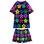 Colorful flowers on a black background pattern                                                          Kids  Swim Tee and Shorts Set