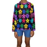 Colorful flowers on a black background pattern                                                             Kid s Long Sleeve Swimwear