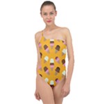 Ice cream on an orange background pattern                                                            Classic One Shoulder Swimsuit