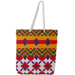 Red flowers and colorful squares                                                              Full Print Rope Handle Tote (Large)