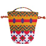 Red flowers and colorful squares                                                                  Drawstring Bucket Bag