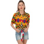 Red flowers and colorful squares                                                                  Tie Front Shirt
