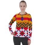 Red flowers and colorful squares                                                                Women s Pique Long Sleeve Tee