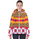 Red flowers and colorful squares                                                                 Women s Hooded Puffer Jacket