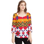 Red flowers and colorful squares                                                                  Chiffon Quarter Sleeve Blouse