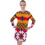 Red flowers and colorful squares                                                                    Long Sleeve Hoodie Dress