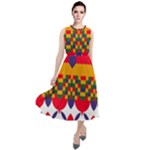Red flowers and colorful squares                                                                     Round Neck Boho Dress
