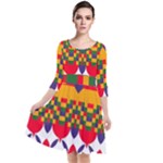 Red flowers and colorful squares                                                                    Quarter Sleeve Waist Band Dress
